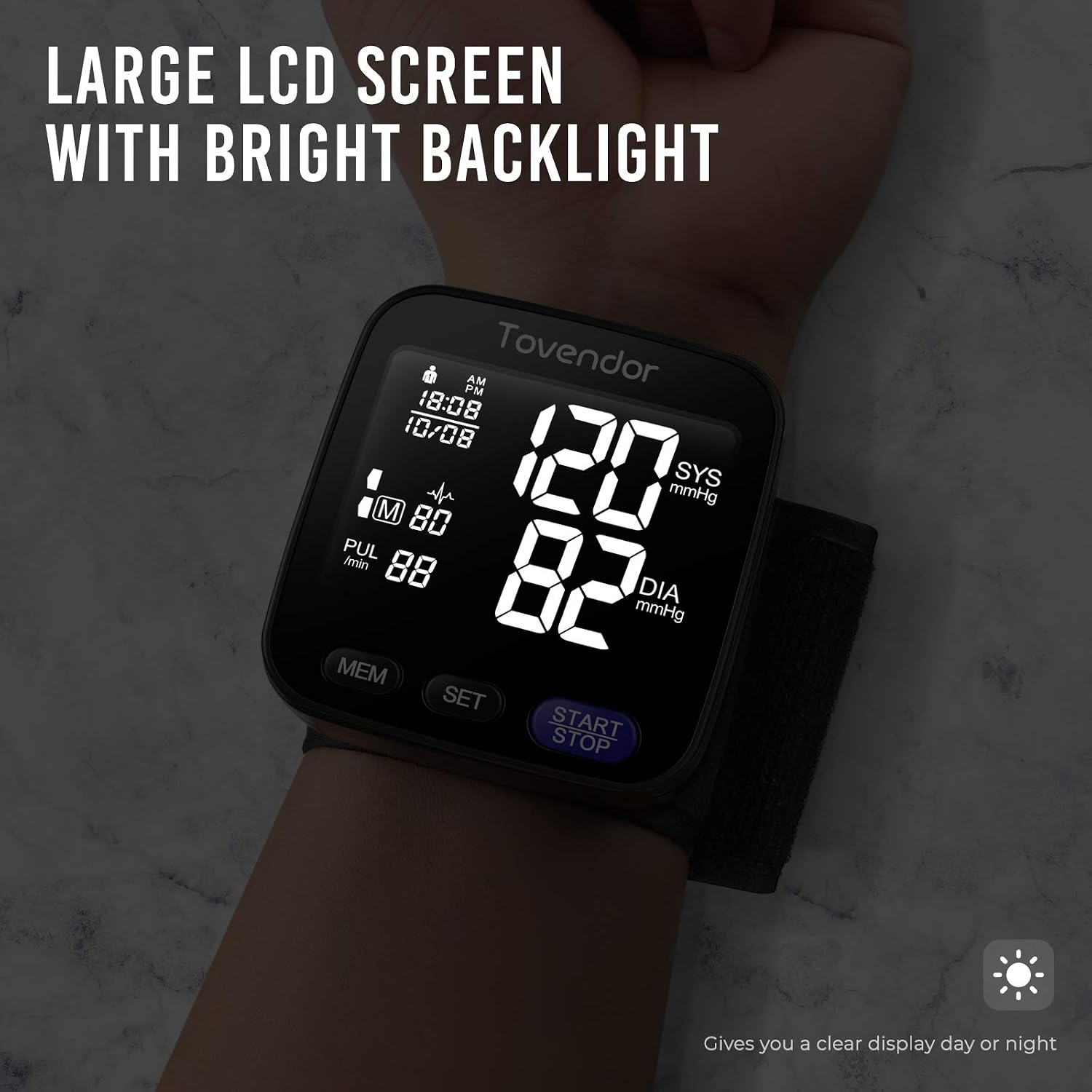 Two individuals using the Tovendor U60A Wrist Blood Pressure Monitor, demonstrating the dual user mode feature with separate readings for User 1 and User 2.