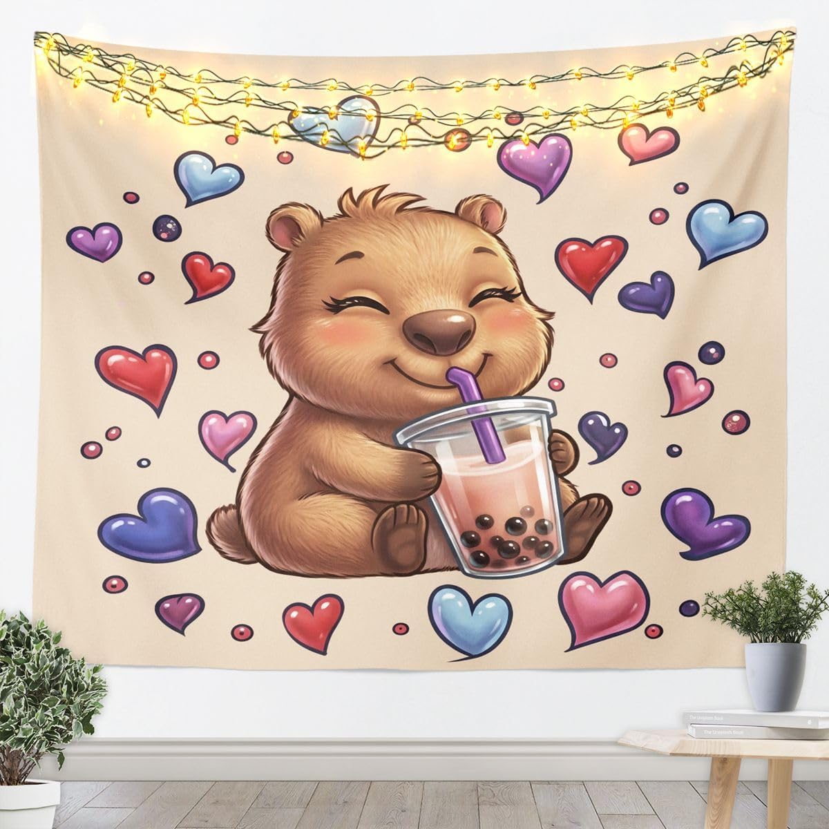 Feelyou Capybara Tapestry Cute Cartoon Pattern Wall Art for Living Room Bedroom Funny Animal Theme Wall Hanging Blanket Lovely Pet Home Decor Medium 59"x59" Nature Theme