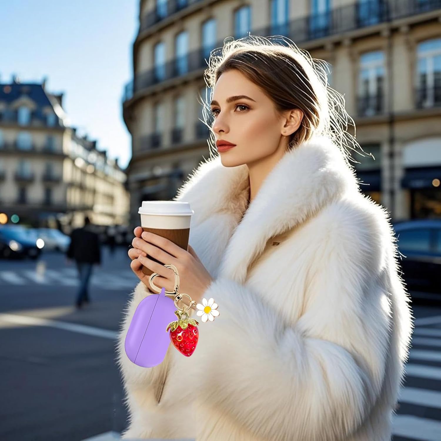 for Beats Solo Buds Case Cover with Cute Strawberry Charm Heart Keychain, Soft Silicone Protective Case Daisy Key Chains for New Beats Solo Charging Case Earbuds Lavender Purple - Image 7