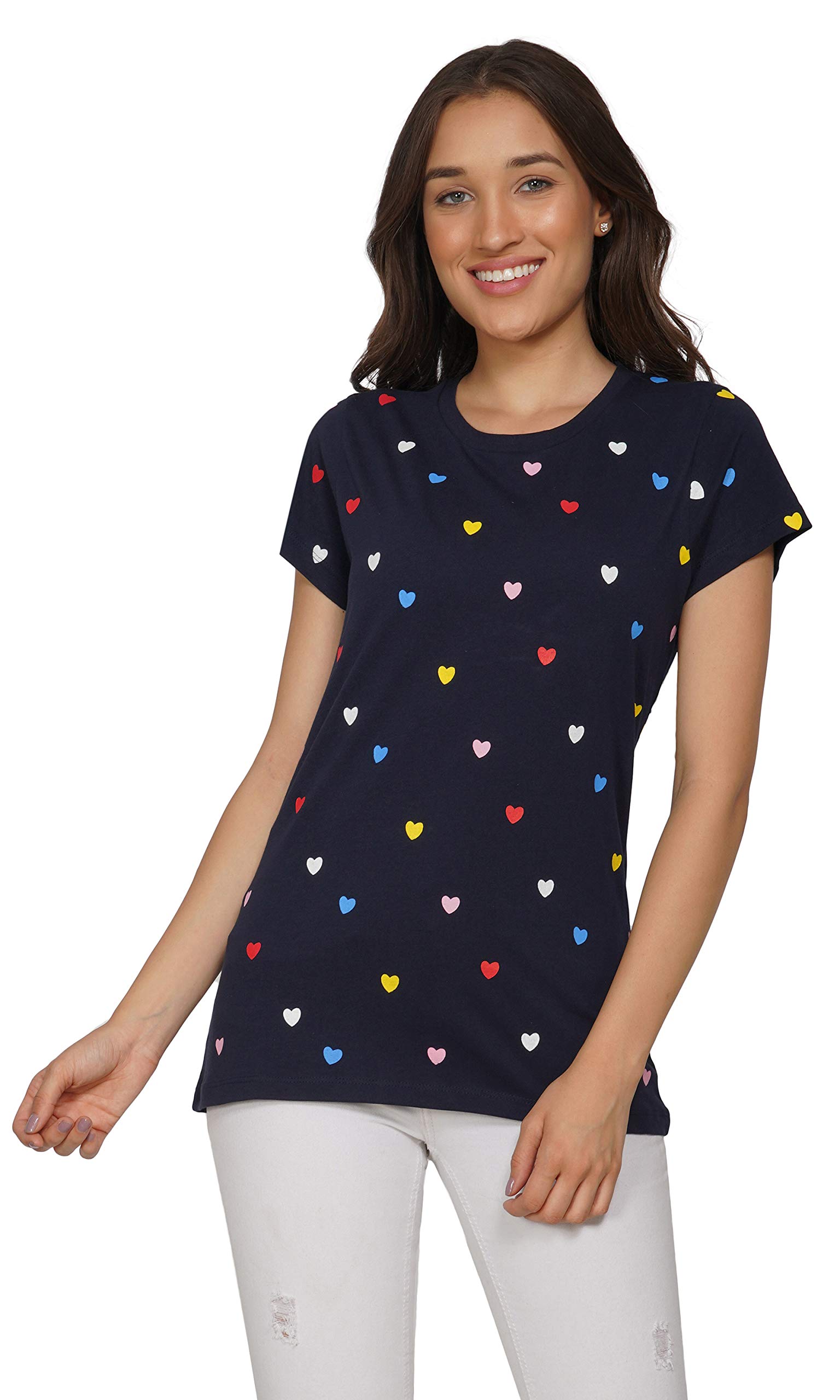 Women 100% Cotton Printed Tshirt in Ribbed Neck Includes Plus Sizes, Regular Fit and Half Sleeves (Sizes Small -5XL)