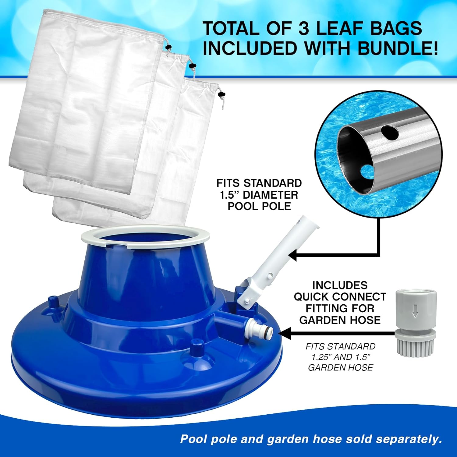 Poolmaster Heavy-Duty Pool Leaf Vacuum Head, 15″ Garden-Hose Powered Cleaner with Rotating Wheels, Includes 3 Reusable Mesh Bags (1 Fine + 2 Standard), Value Bundle