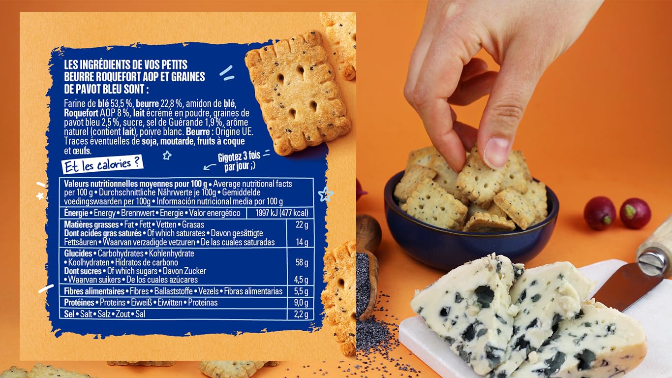 Michel & Augustin – Petits Beurre Salés au Roquefort AOP et Graines de Pavot Bleu – Biscuits Apéritifs Gourmands – Fabriqués en France – 100g x 8