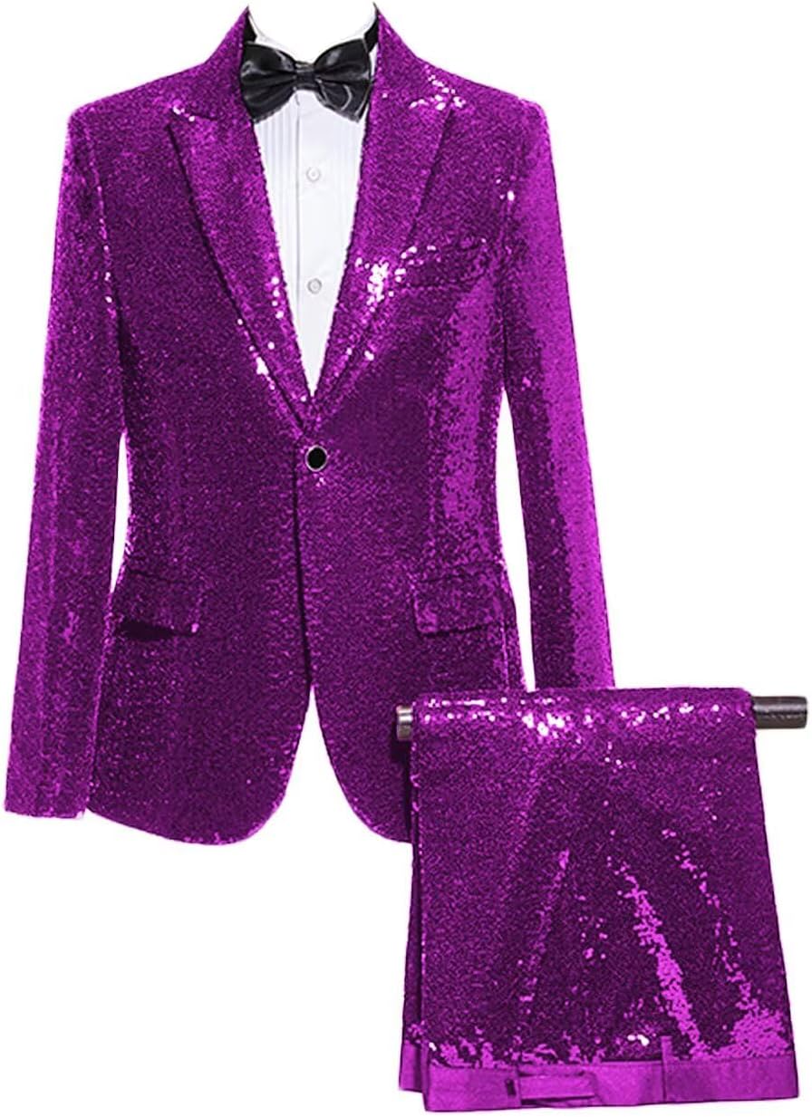 Men's Sequin Suit Blazer Pants Set Shiny One Button Two Piece Sparkly Stage Costume for Prom Party