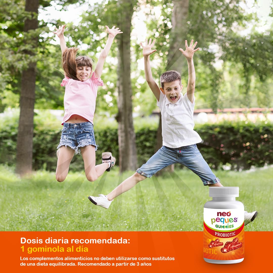 NEO PEQUES | Gummies Probiotic | 30 Gominolas | Beneficiosas para el Sistema Digestivo y las Defensas | Con Probióticos y Vitaminas del Grupo B | Caramelos Masticables para Niños | Sabor Fresa