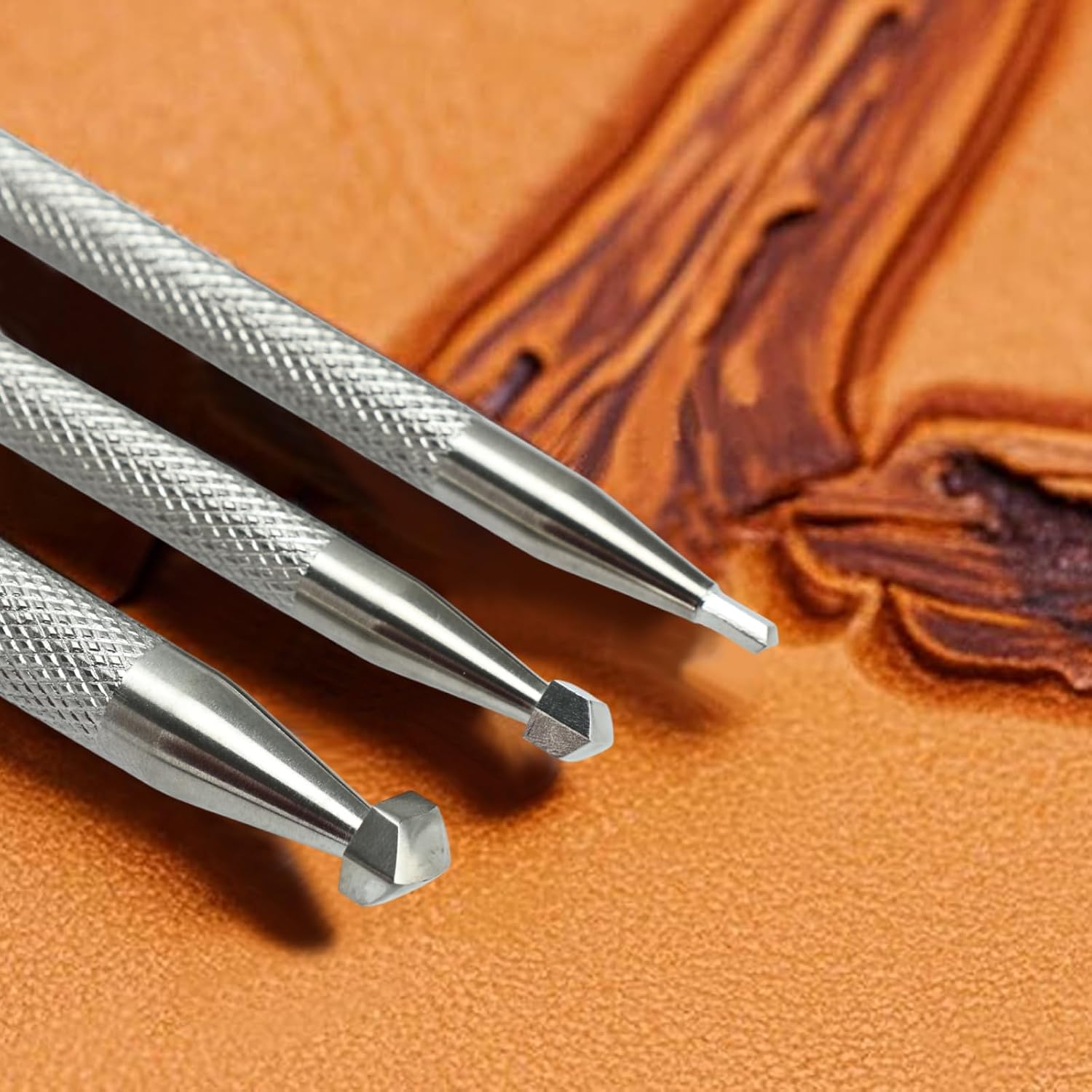 Ebrima Leather Stamping Tools, Stainless Steel Leather Beveler Stamp, Professional Double-Sided Edge Carving Set for LeatherCrafts DIY, 3Pcs