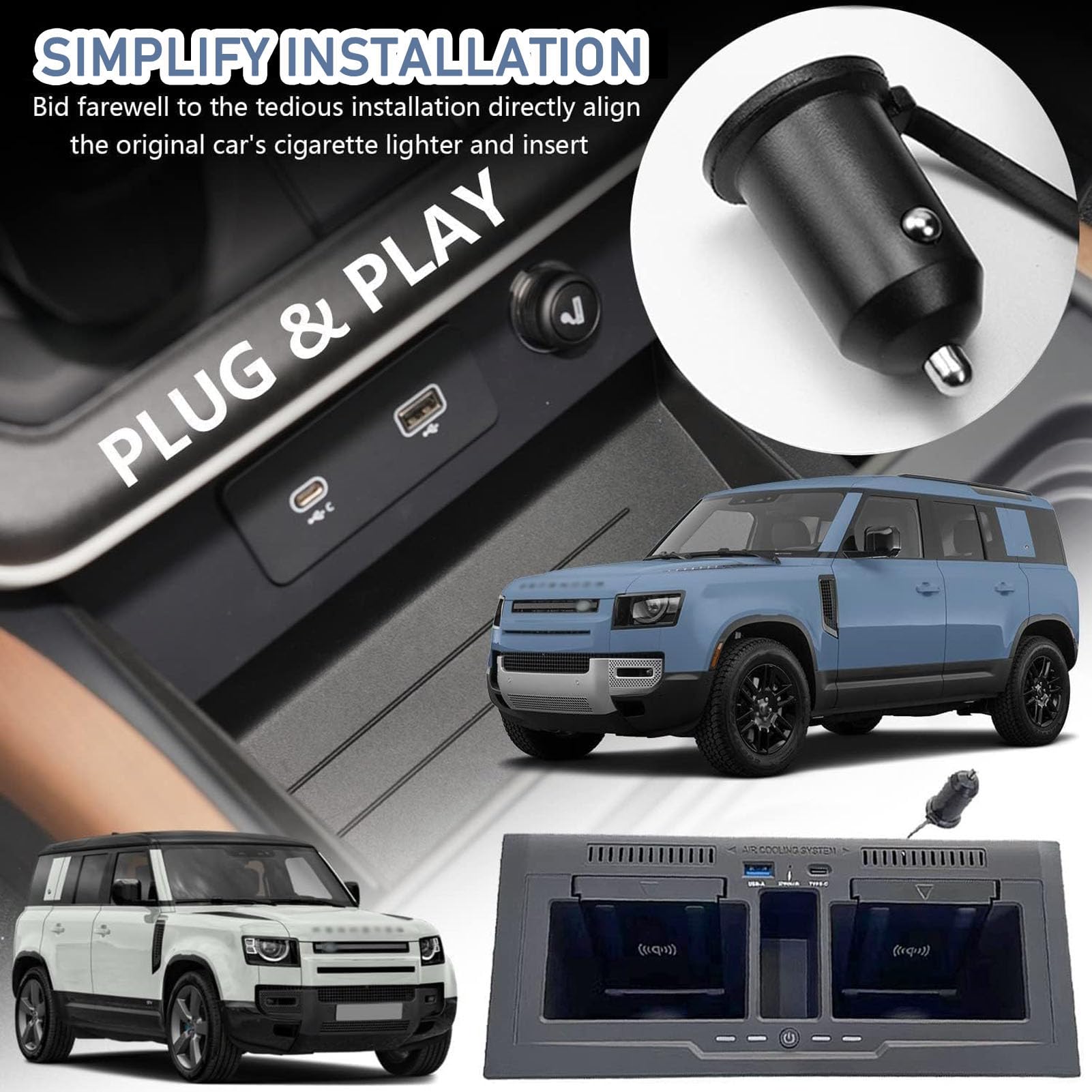 Caricabatterie Wireless per Auto per Defender 90 110 130 Tutti i Modelli Accessorio con Doppio Wireless da 15 W e USB da 27 W Qc3.0+Type-C Ricarica Rapida Regalo per la Famiglia