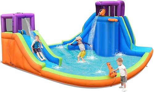 Vista 18 de HONEY JOY Tobogán acuático inflable, parque acuático gigante con porterías de fútbol para exteriores, piscina, escalada, toboganes acuáticos