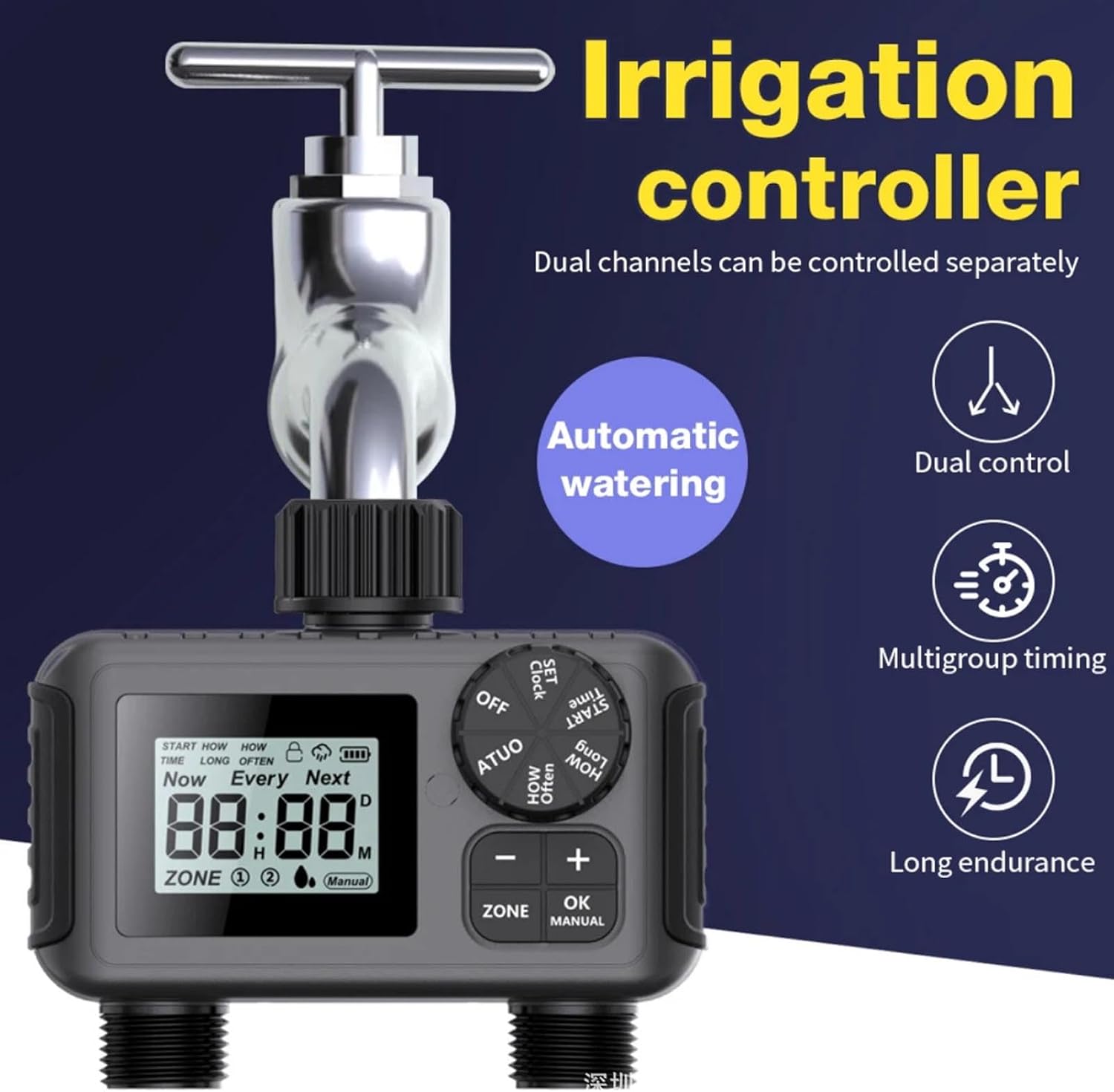 2 Outlet Sprinkler Timer, Water Timer Programmable Garden Hose Timer with Rain Delay, Manual Automatic Watering System Waterproofing Irrigation Controller for Courtyard Lawn Swim