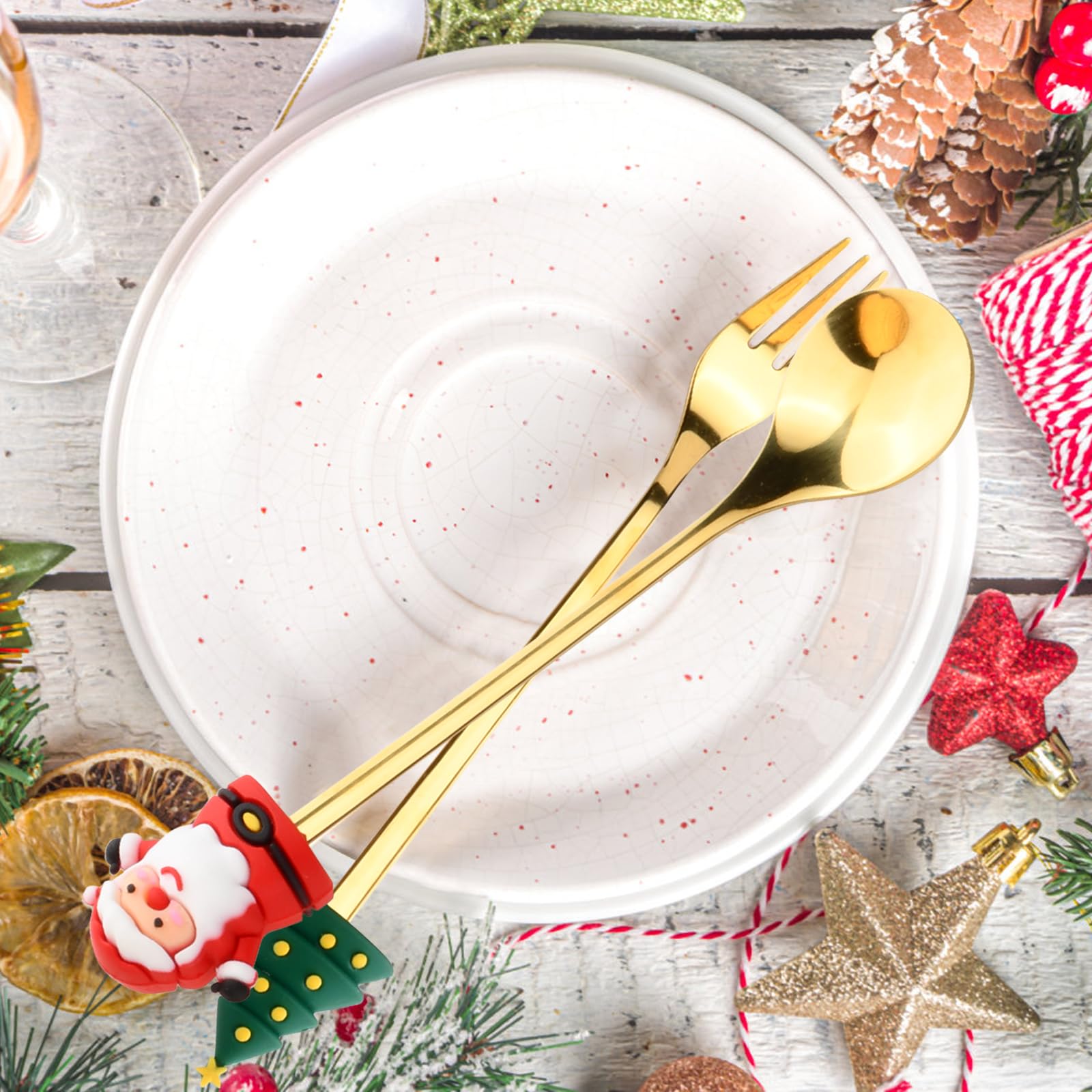 Volumoon Stoviglie natalizie, set da 4 pezzi cucchiai e forchette, cucchiaio da caffè in acciaio inox cucchiaino da tè forchette da dessert forchette da frutta forchetta per dolce, confezione regalo