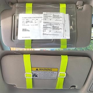 Car Registration and Insurance Holder Visor - Durable Elastic Band & Buckle Closure - Conveniently Stores Documents - Essential Car Accessory (Neon Yellow / White), Made in USA