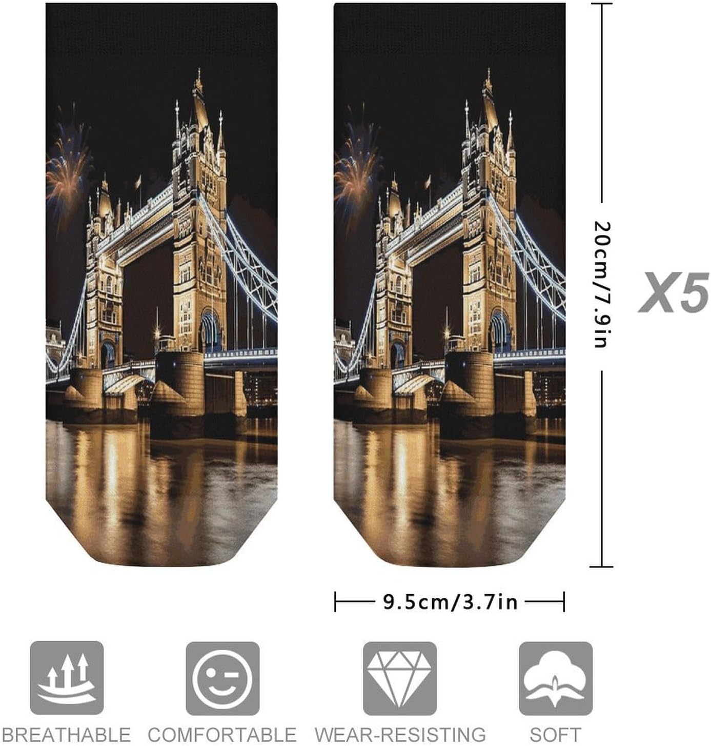 Night London Tower Bridge Ankle Socks for Men Women 5 Pairs | Comfortable Casual Low Cut Socks, Lightweight No Show Breathable Athletic Socks, Soft Mini Crew Socks for All Seasons