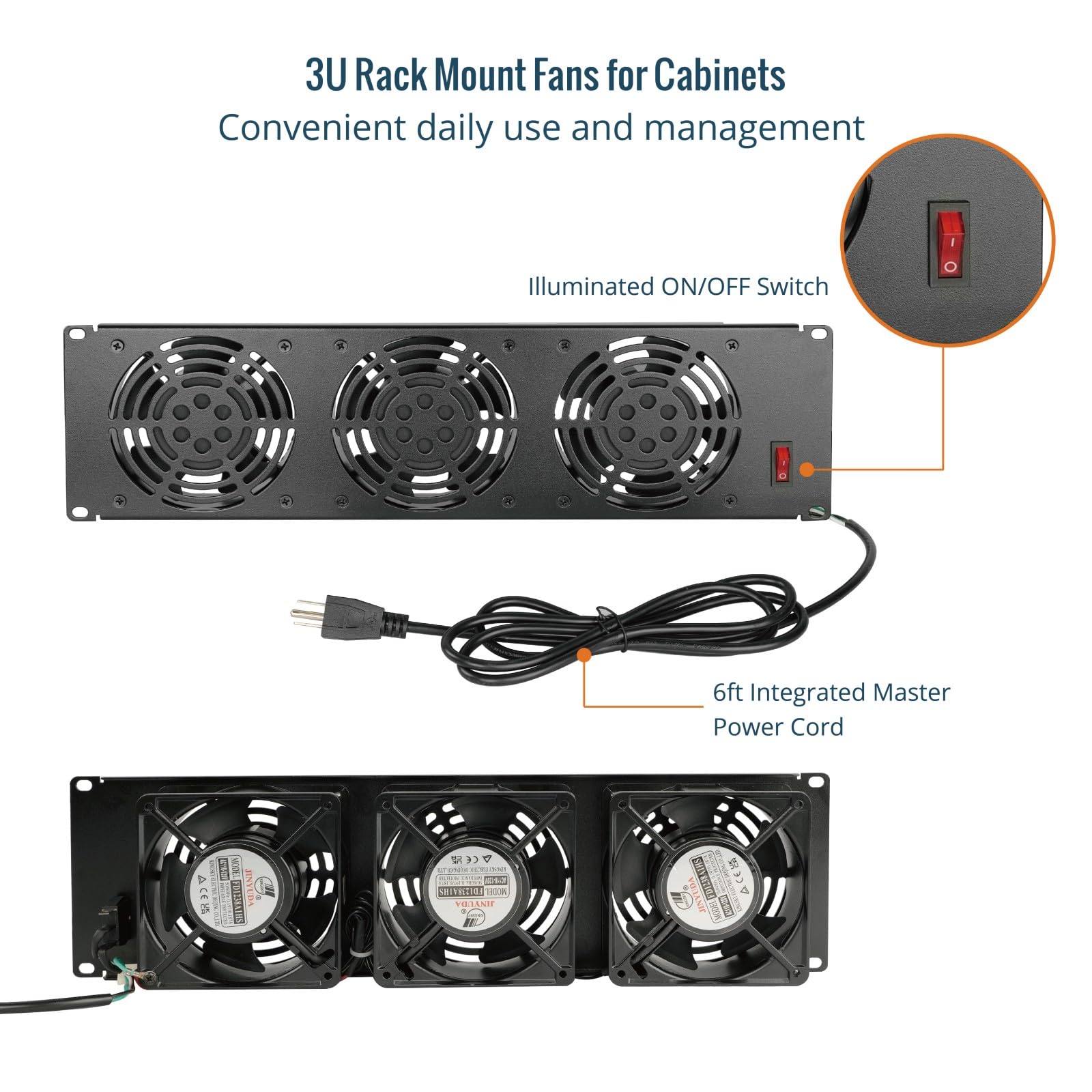 Tecmojo 3U Rack-Montage-Lüfter-Panel, 3 Lüfter, Schrankkühlung, 48,3 cm, 1,8 m, Kabel-Server-Kühlsystem für Audio-Rack und AV-Schrank im Büro, Theater (vertikale Montage)