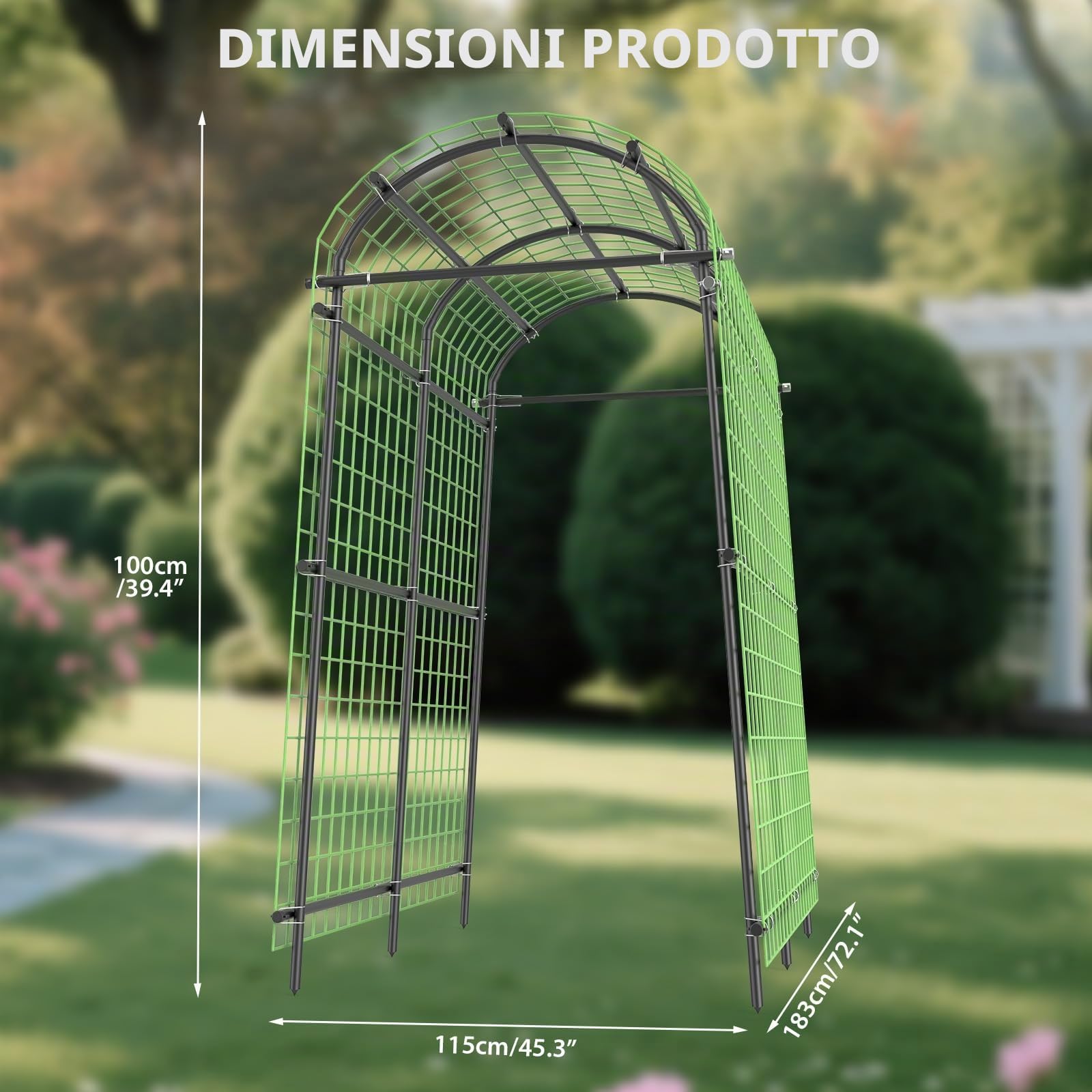 Arco Da Giardino Per Piante Rampicanti, in Metallo, 115 x 183 x 230 cm, Larghezza Regolabile 90-115 cm, Resistente Alle Intemperie, Per Verdura, Frutta, Fiori