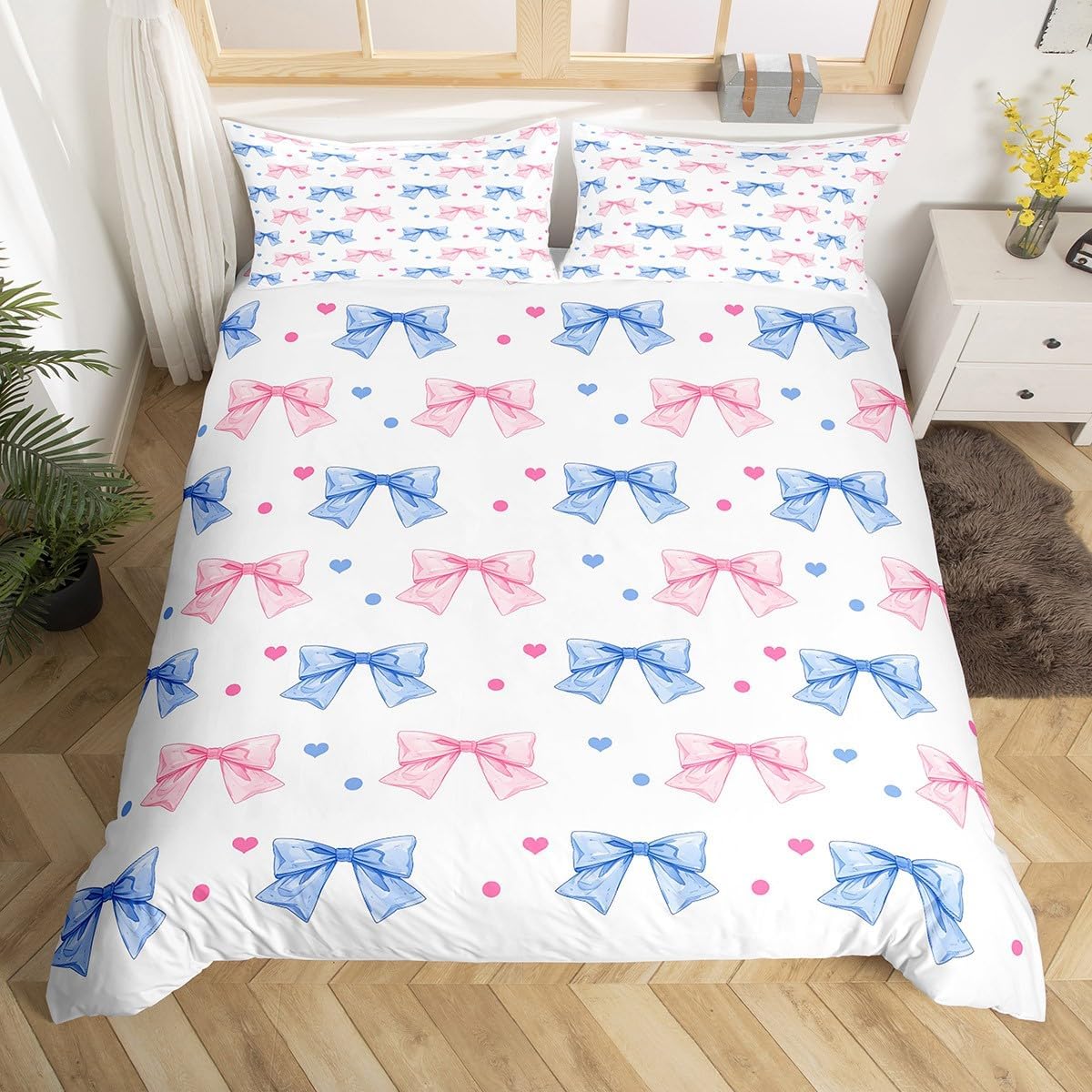 Manfei Pink Bowknot Duvet Cover Set Toddler Size,Bow Tie Knot Princess Bedding Set,Geometric Grid Patchwork Quilt Cover for Kids,Comforter Cover(No Filler),2 Pcs