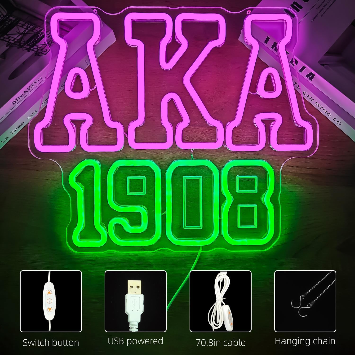 Sorority Neon Sign 1908 Neon Lights Pink Led Signs for Bedroom Wall Dimmable Light Up Sign for Birthday Party Christmas Gifts Decor Sorority Gifts for Women - Image 3
