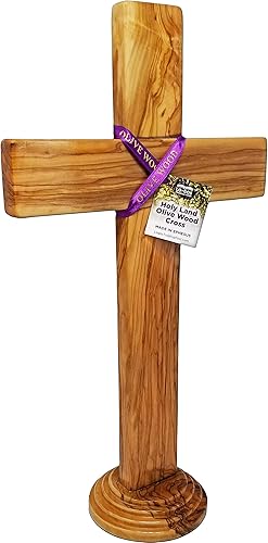 Santa Tierra Cruz de pie de madera de olivo genuina de 15 pulgadas, para mesa, escritorio o mesa de altar, hecha a mano en Éfeso bíblico