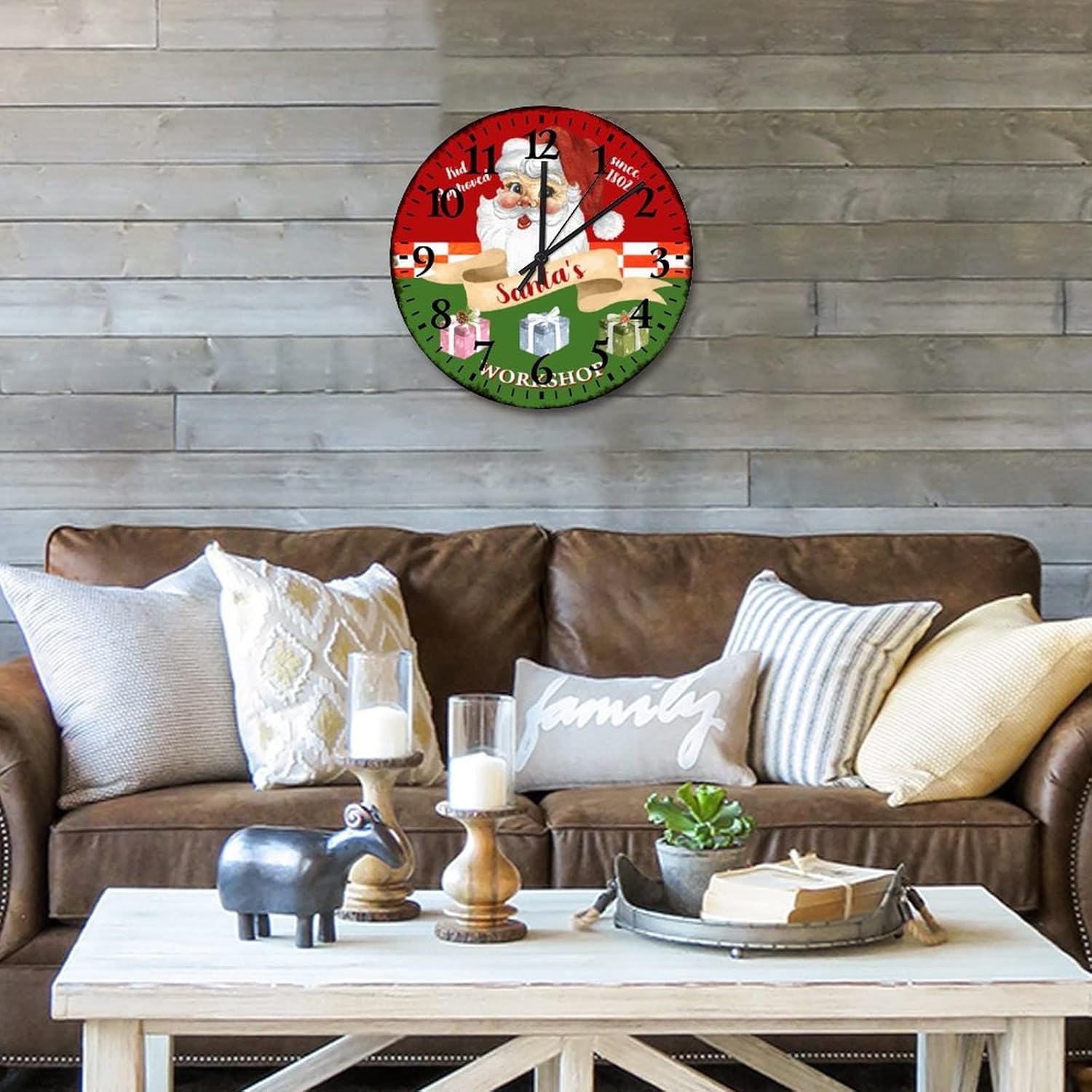 Clock Santa's Workshop Table Clock Silent Non-Ticking Quartz Battery Operated Arabic Numbers Seasonal Holiday Christmas Round Clock for Living Room Bedroom Office Kitchen School 15 Inch