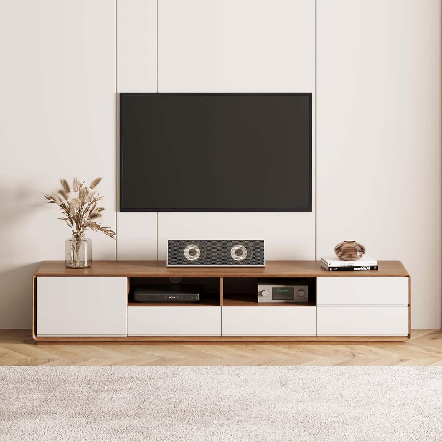 POVISON Fully-Assembled Mid Century Modern TV Stand with LED Lights, Wood Media Console with 4 Drawers for 85+ inch TV, Entertainment Center with Open Storage Cabinet