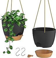 ZMTECH 8 Inch Self-Watering Hanging Planters, 2 Pack - Indoor Outdoor Plant Pots with Drainage Holes, Removable Saucer & Adjustable Rope (Black)