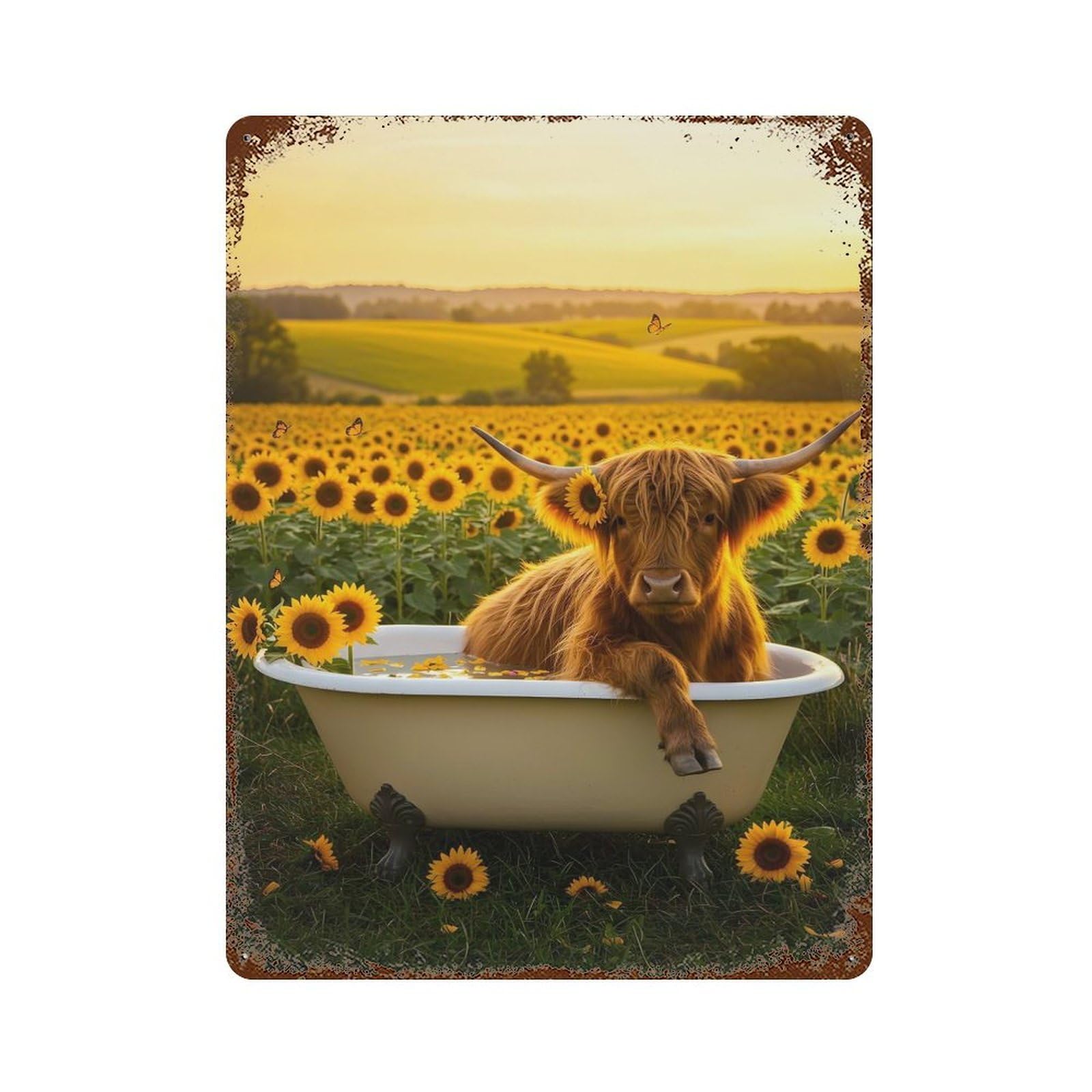Garage Style Highland Cow in Bathtub with Sunflowers Vintage Rust Metal Sign 15.7"x11.8", Industrial Home Decor for Bar And Workshop