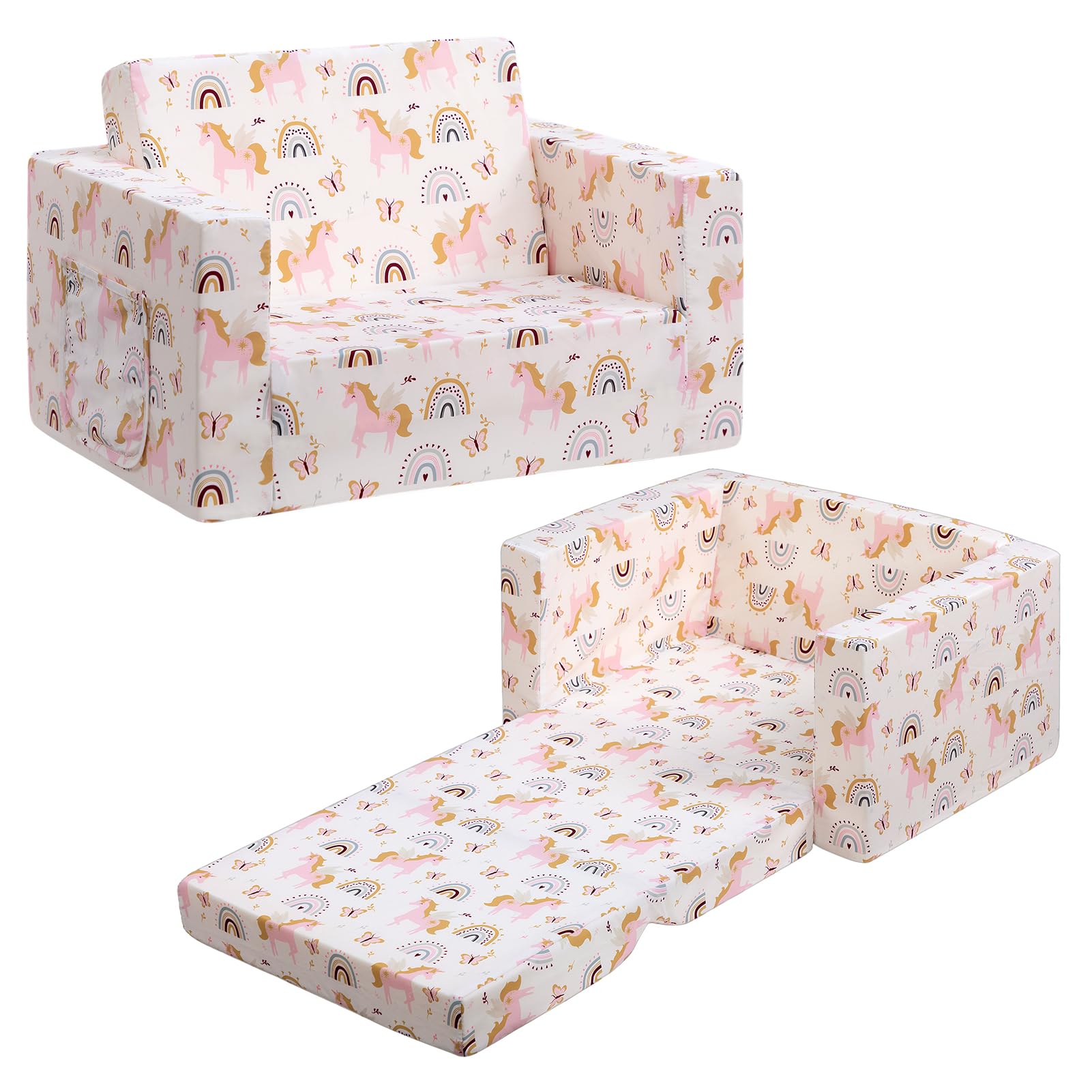 BEJOY Kids Sofa 2-in-1 Flip Out Cuddly Toddler Chair Convertible Sofa to Lounger Children Sofa Bed Children's Day and Birthday Gift for Girls Boys, Beige with Unicorns