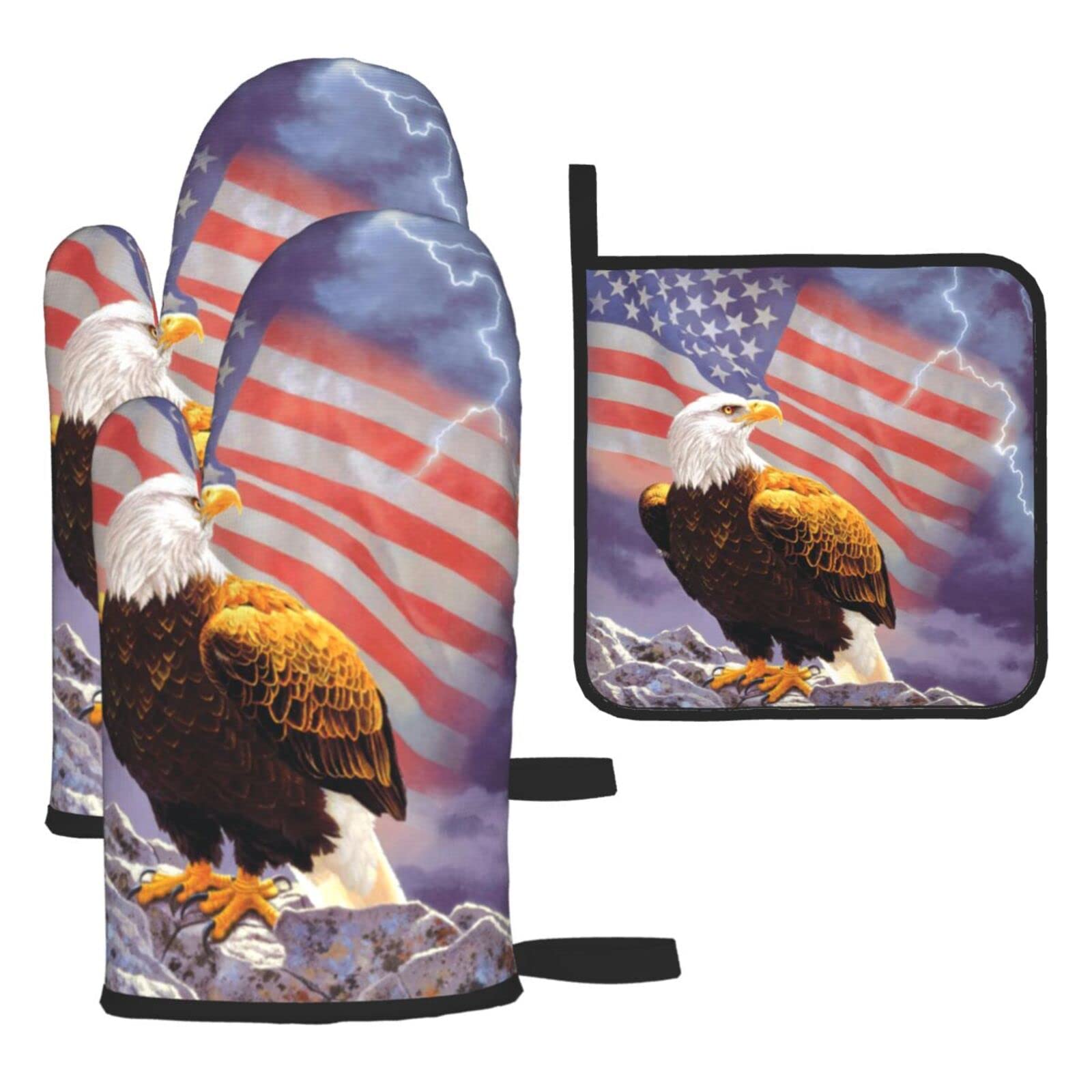 Eagle with USA Flag Printed Kitchen Baking Three-Piece Heat-Resistant Thick Cotton Oven Gloves for Cooking and Baking.