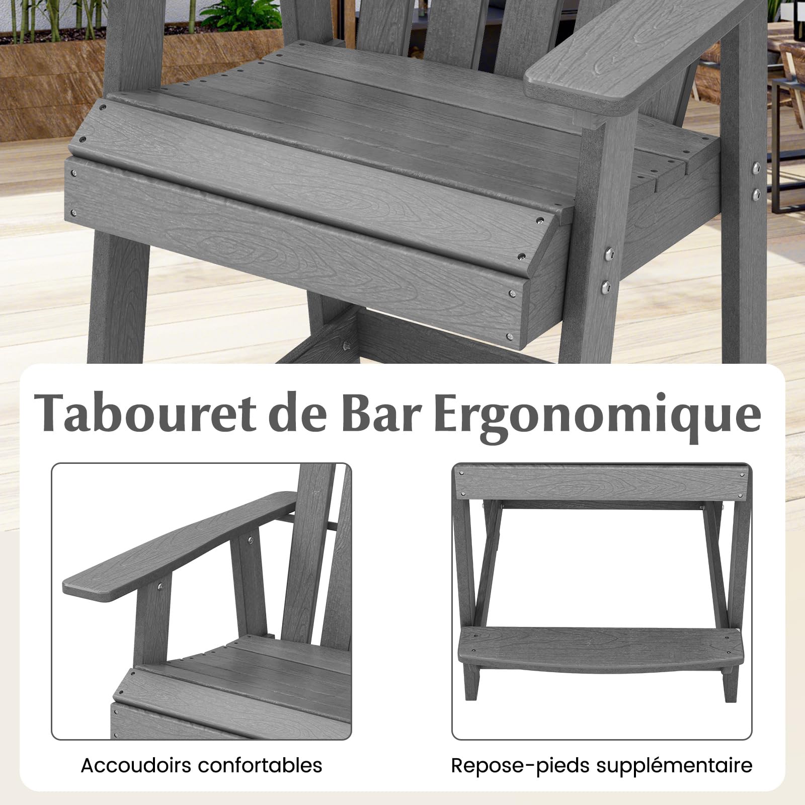 COSTWAY Chaise de Jardin Adirondack en HDPE, Chaise d'Extérieur avec Accoudoirs et Repose-Pieds, Fuateuil de Jardin à Dossier Haut, Chaise de Bar à Lattes, pour Pisine, Patio, Charge 160 KG (Gris)