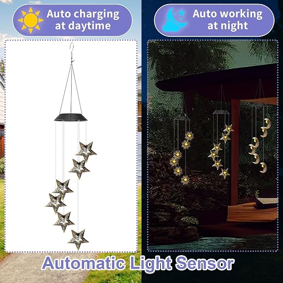 ZVO Solar Wind Chimes with Sun Moon Star, Wind Bells for Outdoor Waterproof LED Lamp, Hanging Light Garden Decoration for Balcony Terrace