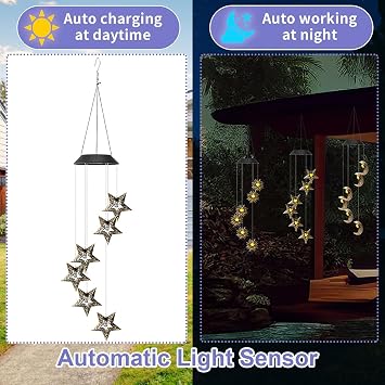 ZVO Solar Wind Chimes with Sun Moon Star, Wind Bells for Outdoor Waterproof LED Lamp, Hanging Light Garden Decoration for Balcony Terrace