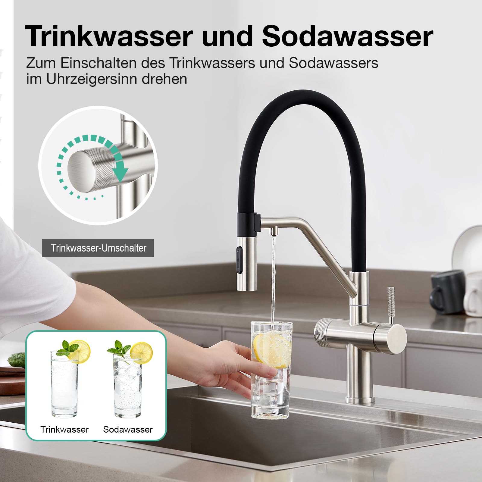 Faustina 4 Wege Küchenarmatur abnehmbar, Doppelhebel Armatur Wasserhahn Küche mit Trinkwasser und Sodawasser Spültischarmatur mit Schwarzer flexibler Silikon Weichschlauch