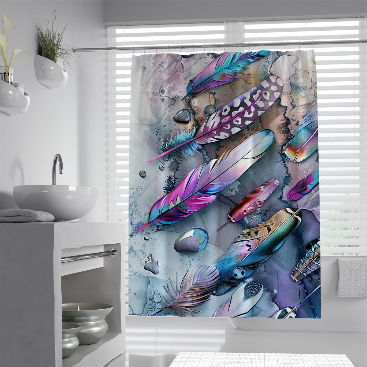UIRINGART Feather Bath Curtain W200xL200cm Luxury Colorful Purple Blue Peacock Plume Animal Pattern Anti Mould Machine Washable Home Bathroom Bathtub Shower Curtains