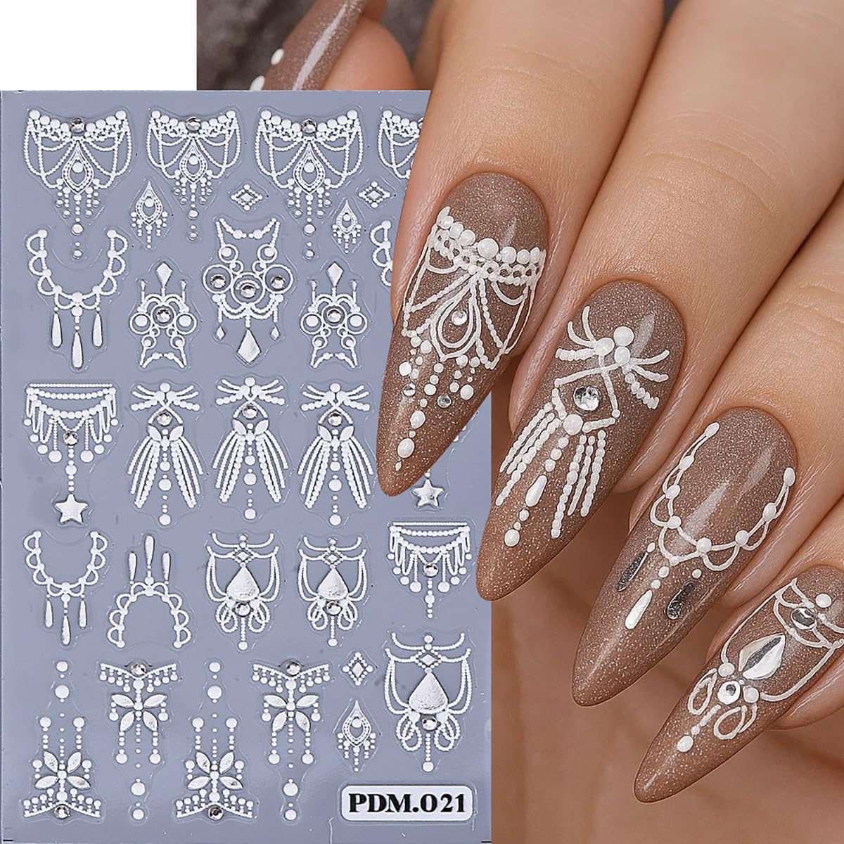 5D Nail Art Stickers Luxury Jewelry Rhinestone Nail Decals 3PCS Self-Adhesive Embossed Elegant Nail Art Design Supplies Sticker White Nail Stickers for Women Nail Decorations DIY Manicure Accessories image 2