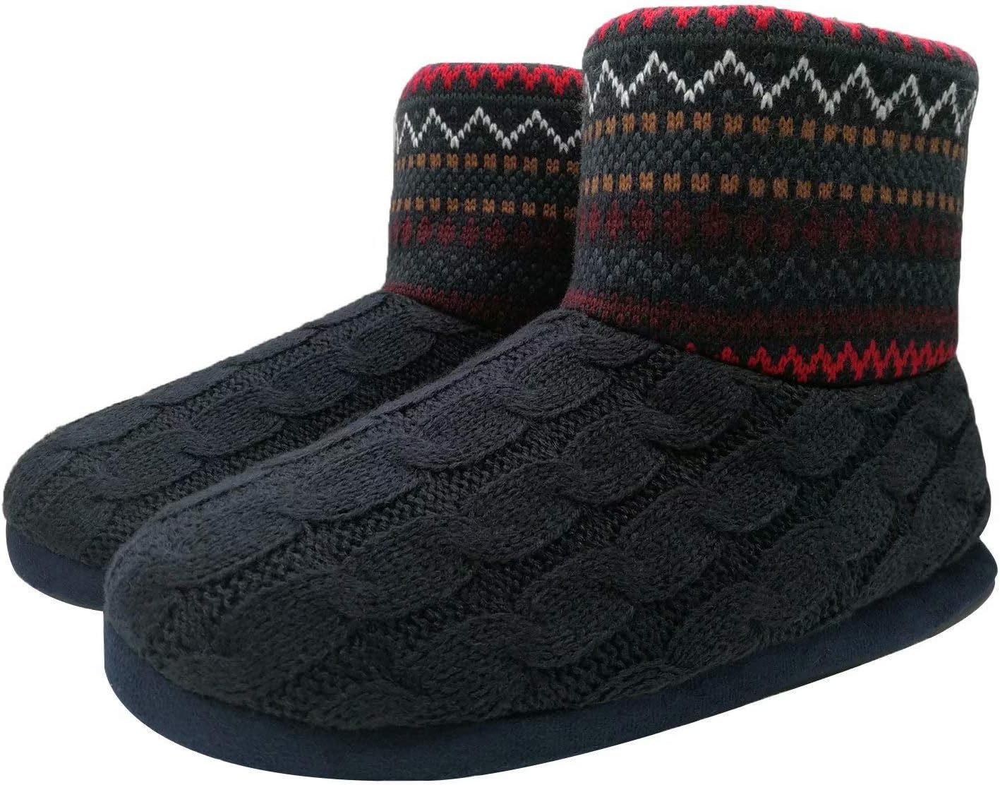 GPOS Knit Rock Wool Warm Men Indoor Pull on Cozy Memory Foam Slipper Boots Soft Rubber Sole
