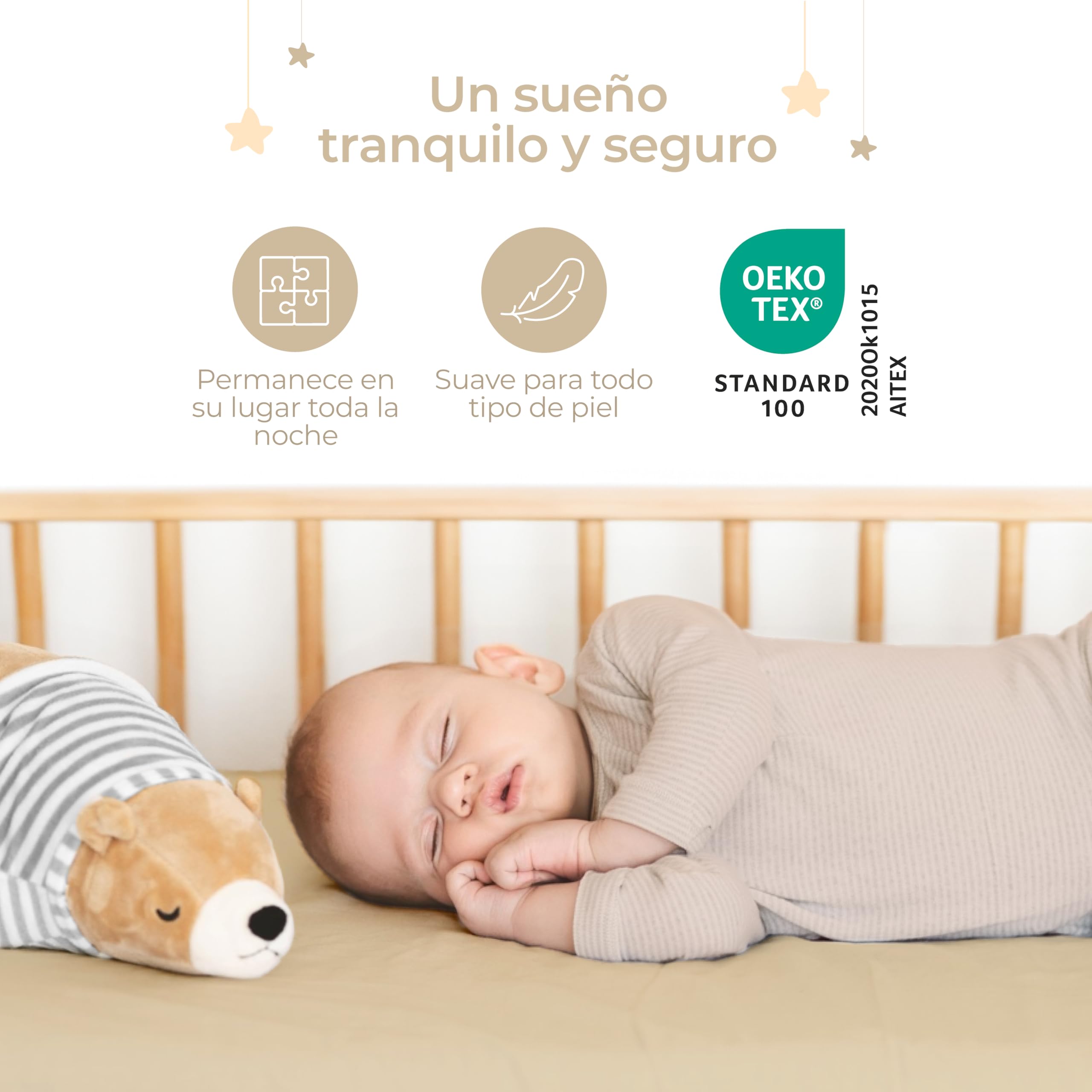 Dreamzie Juego de 2 Sabana Bajera Cuna 70x140 Algodon - Ajustables, Oeko Tex Certificado - Sabanas Cuna 70x140 para Colchon y Cama Infantil - Beige/Blanco