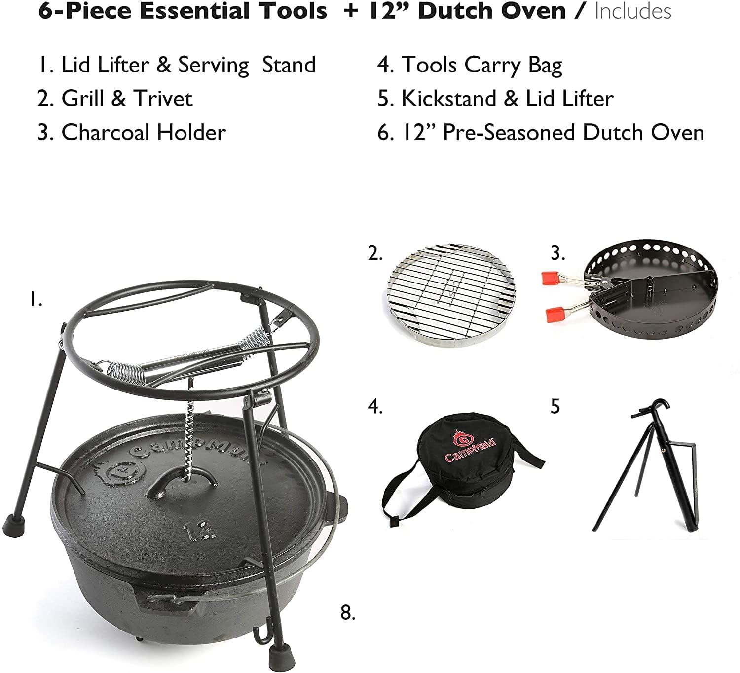 CampMaid Outdoor-Kochset - Dutch Oven und Tools Set - Kohlehalter & Gusseisen Grillzubehör - Camping Grillset - Outdoor Cooking Essentials - Campingküchenausrüstung - (6-teiliges Set)