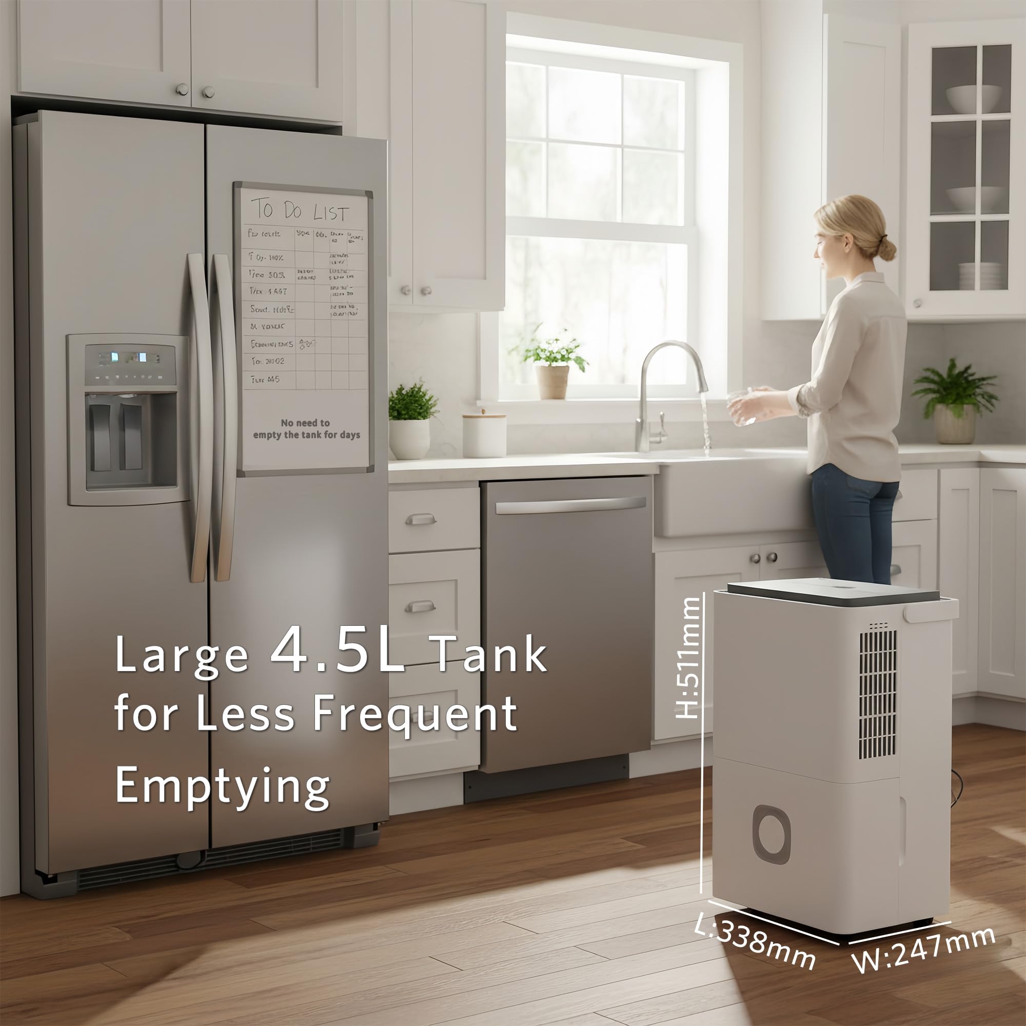 Deshumidificador Eléctrico Portátil Silencioso:50L/Día Ahorro Energético Depósito 4.5L Drenaje Continuo con Tubo para Sótano Garaje Baño Oficina Habitación Cocina y Trastero