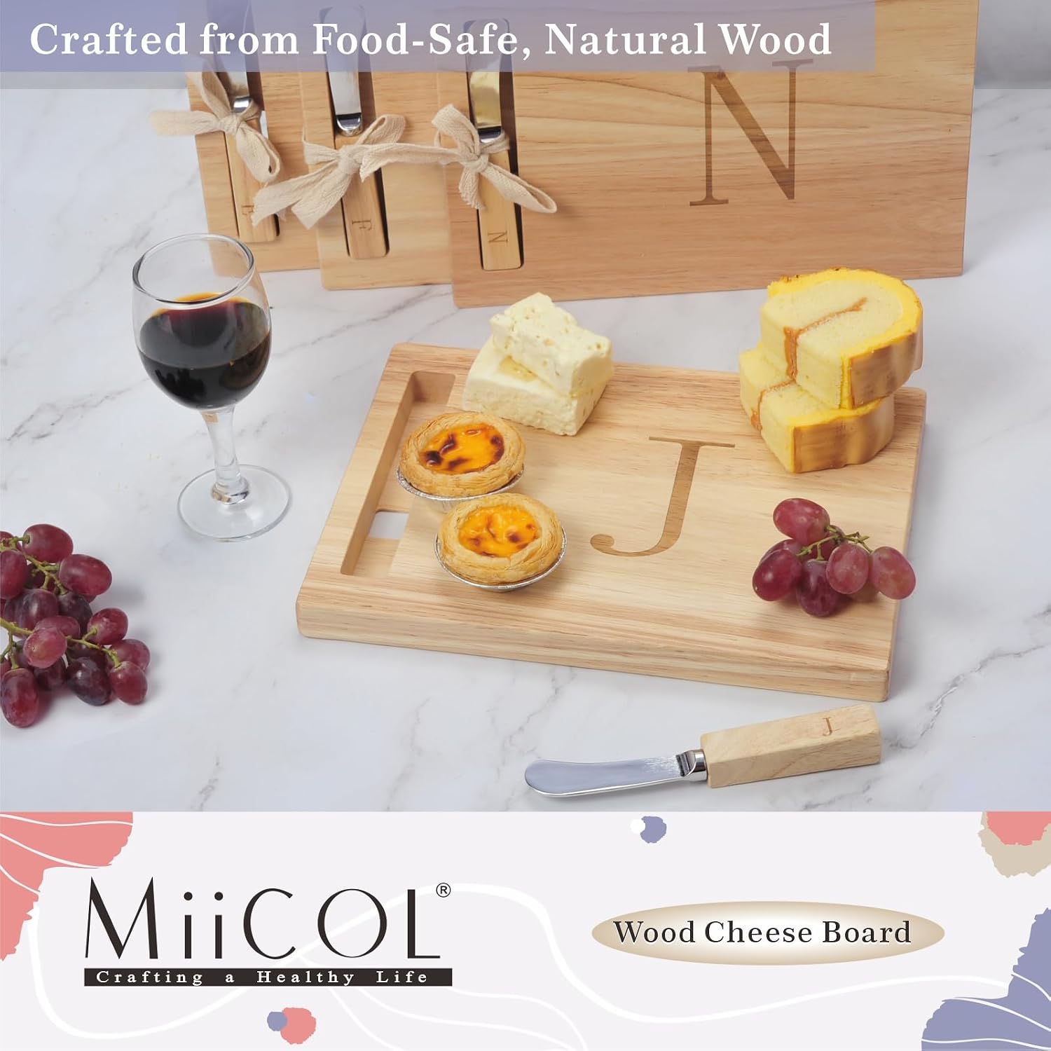 Miicol Wood Charcuterie Board, Monogram Cheese Board 10 Inch, Personalized Initial Cutting Board with Spreader, Unique Housewarming Gift, Ideal for Kitchen, Home, Letter J