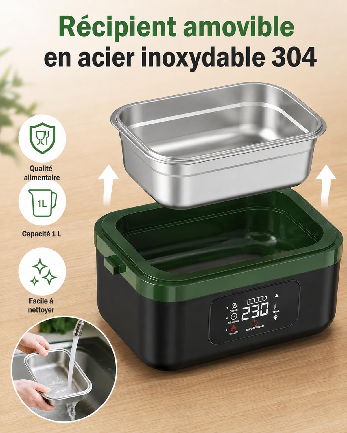 LANMOU Gamelle Chauffante Batterie Sans Fil, 1000ml, Minuterie | Lunch Box Chauffante Rechargeable USB-C, Cuve amovible Inox 304, 6 Temps, Maintien Chaud, Pour Bureau Chantier Voiture