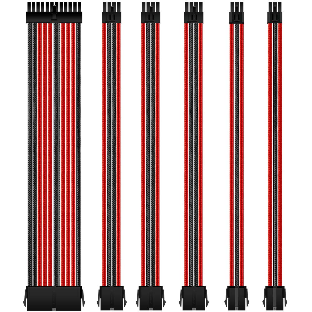 Qingsea 18AWG Power Supply Cable Kit 30cm mod Sleeve Extension Sleeved Custom mod for PSU to Motherboard PC Power Supply Cable（Red&Black）