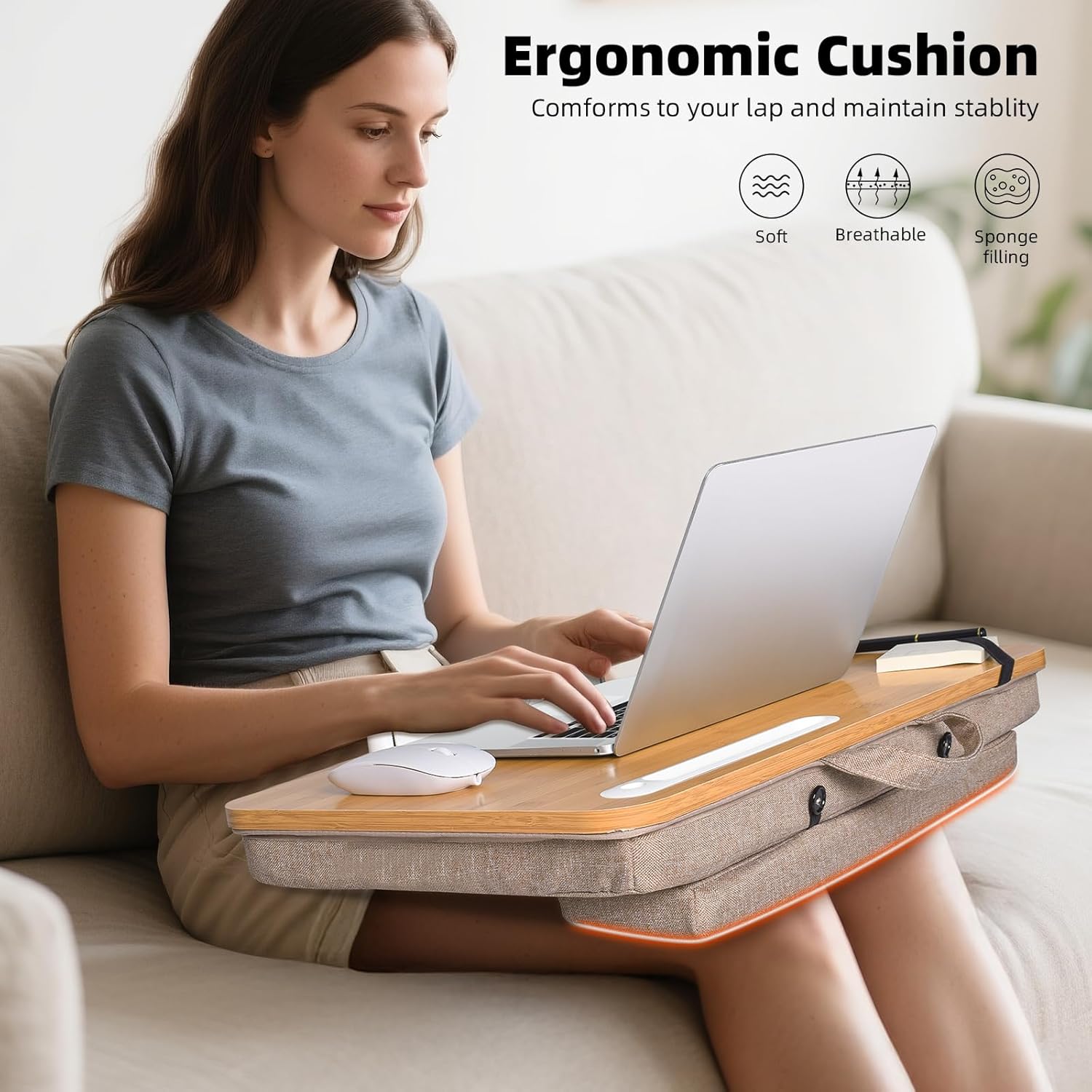 Wishacc Portable Bamboo Lap Desk Tray, Natural Wood, Large 21.1 x 12.9 Inch, for Home Office