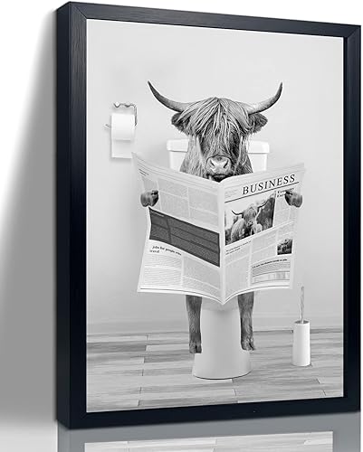 Vista 7 de Divertido arte de pared enmarcado de vaca de las tierras altas en bañera, lienzo blanco y negro, impresiones artísticas de pared de vaca, decoración