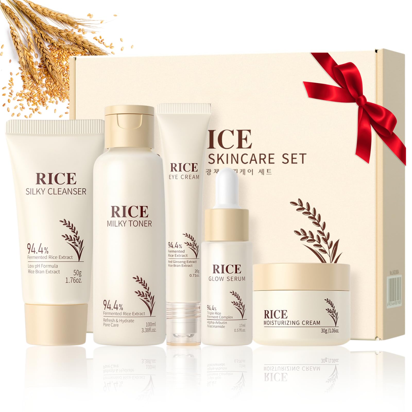 5-Step Korean Skincare Set,Glass Skin Care Gift Set,Rice Skin Care Sets & Kits-Rice Cleanser,Toner,Serum,Cream,Eye Cream,Facial Kit for Glowing Skin,Anti-Oxidant Skincare Kit for Radiant Complexion