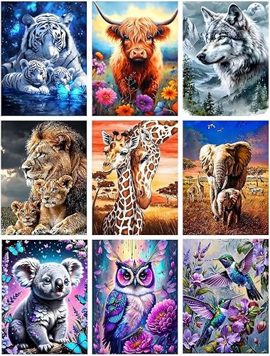 Mrnsiet 9 Pack Animals Diamond Painting Kits for Adults, DIY 5D Lion Diamond Art Kits for Beginners, Full Drill Tiger Wolf Dimond Painting Picture for Home Wall Decor Gift 12 x 16 Inch