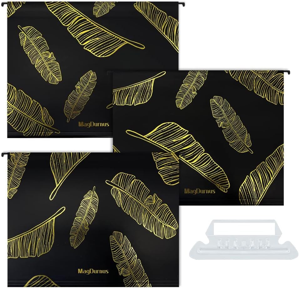 MagDurnus Hanging File Folders, Black, Leaves Design,Letter Size with 1/5 Adjustable Cut Tabs, Assorted 3 Styles,Decorative,Drawer,Desk and Cabinet Use（12-Pack）