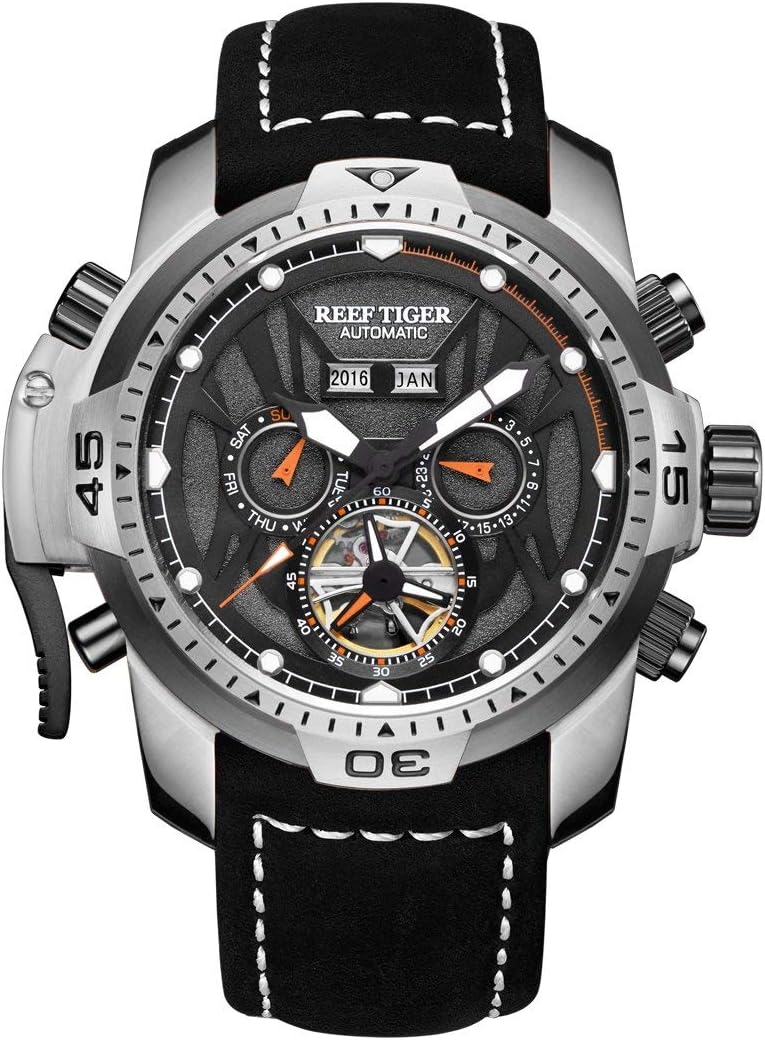 Mens Sport Watches Stainless Steel Automatic Watch Military Watches Leather Strap RGA3532 (RGA3532-YBBLO)