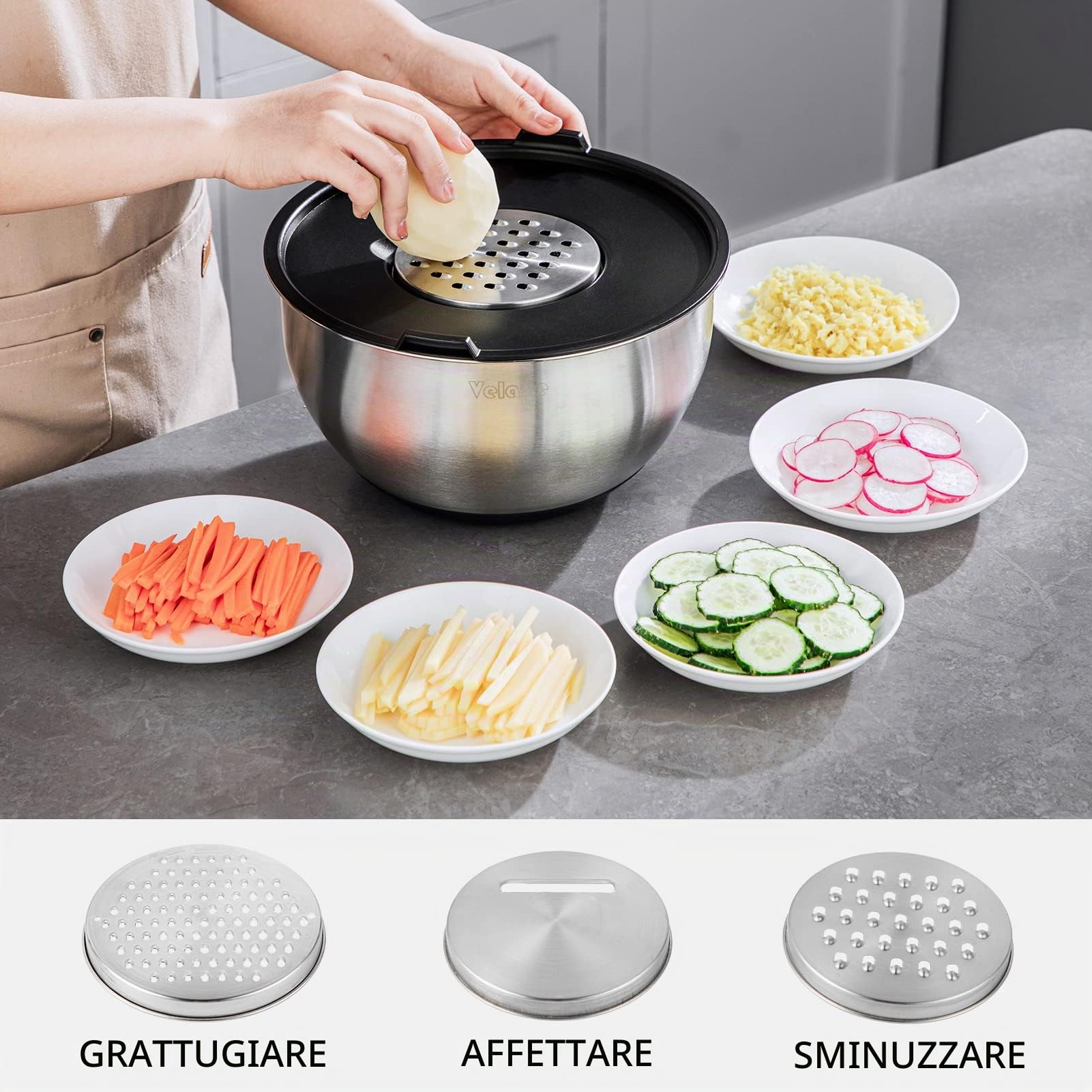 Velaze Set di ciotole in acciaio inox, 5 pezzi, insalatiera con coperchio, 3 inserti per grattugia, fondo in silicone antiscivolo, 5 l, 3 l, 2 l, 1,5 l, 1 l, diverse misure per diverse esigenze
