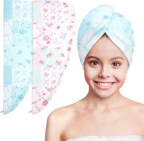 Vista 14 de Basumee Toalla Envolvente de Microfibra para el Cabello para Niños Paquete de 2 Toallas de Cabello de Secado Rápido con Botón Turbantes para Cabello