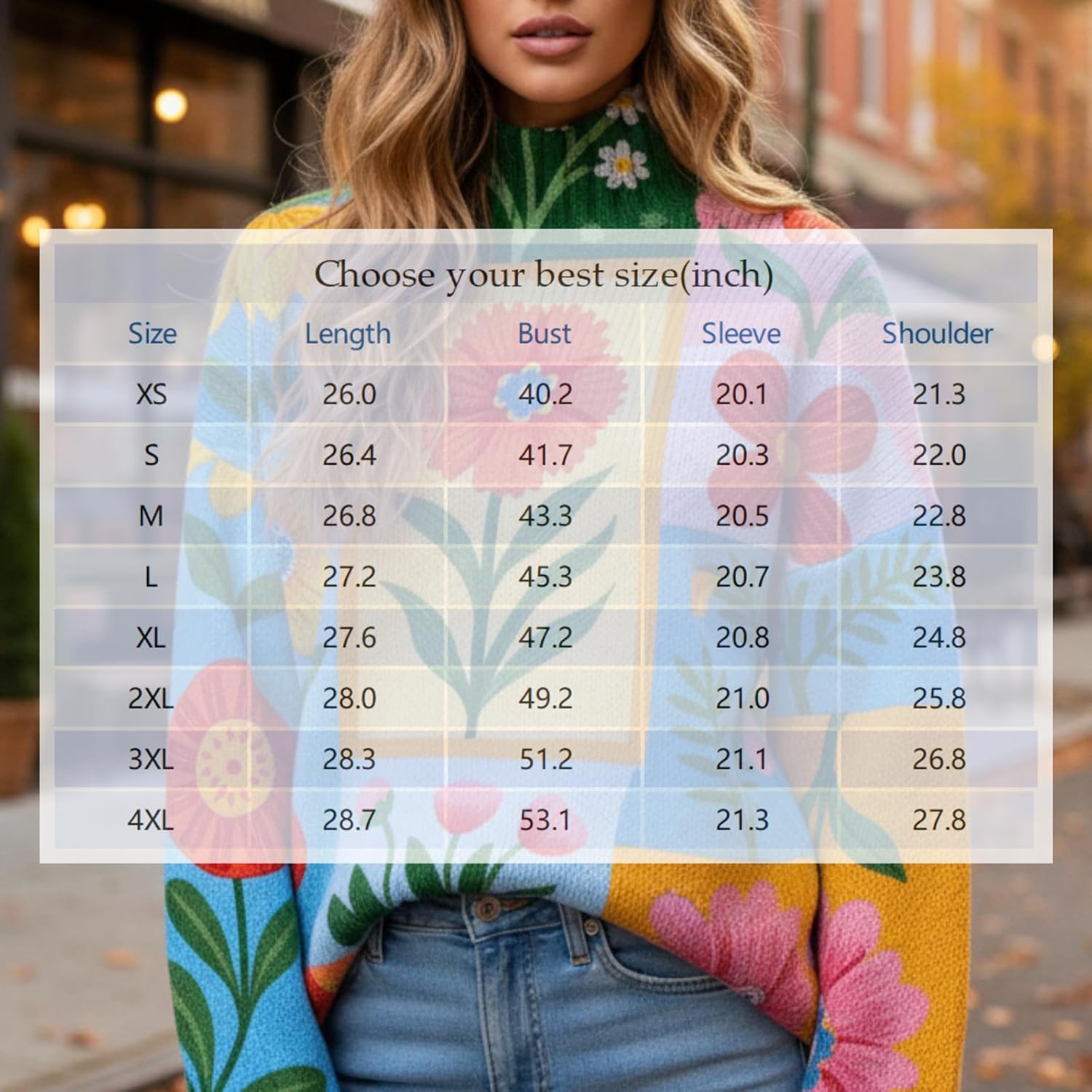 Womens Boho Turtleneck Sweater Long Sleeve Floral Printed Chunky Knit Fall Winter Oversized Pullover Tops - Image 3