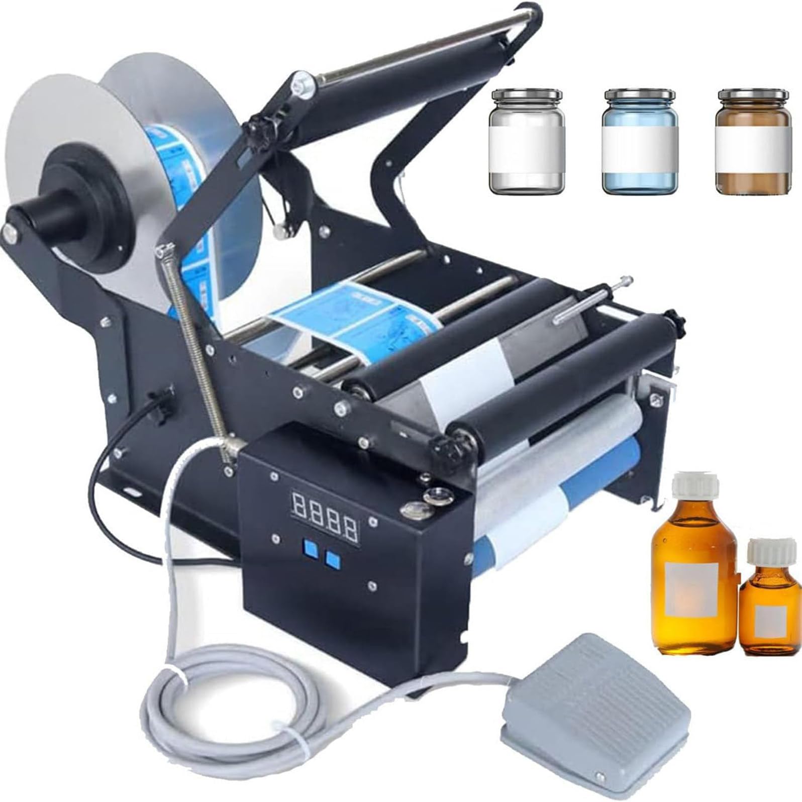 KJZQLMZ Round Bottle Labeler with Foot Pedal, Electric Labeler, Adjustable self-Adhesive Label Printer for cans and Bottles