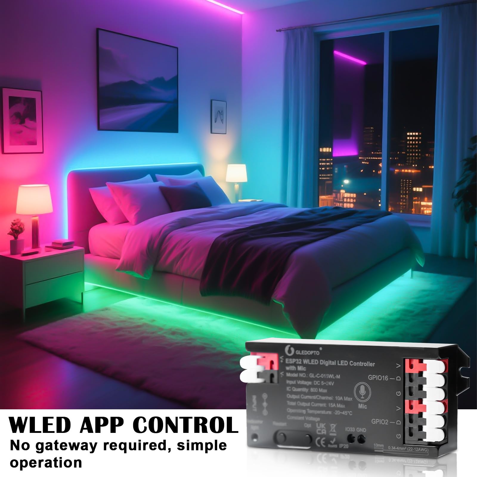 2 Stück WLED Controller mit Mikrofon, ESP32 DC 5V-24V Digital LED Strip Controller für Adressierbarer LED Streifen Digital RGB IC WS2811 WS2812B SK6812 WS2815 RGBW Addressierbarer FCOB LED-Strip